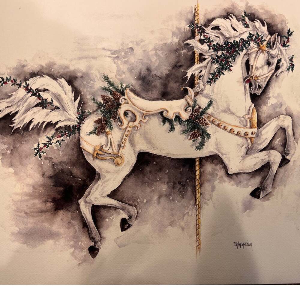 Stacey Baumgardner Holiday Carousel Horse Fine Art Print Winter Steed 12x16